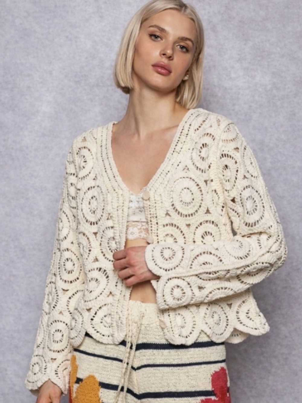 NEW POL Crochet Cardigan Cream Boho Cotton Knit Button Front Sweater Cottagecore